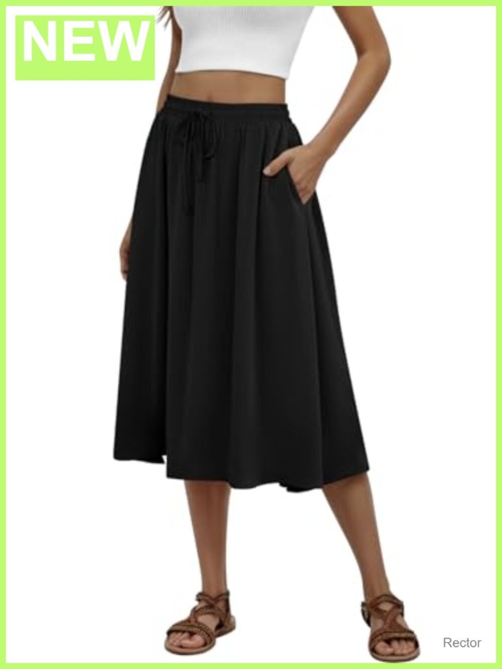 Pleated Flowy Midi Skirt with Pockets Polyester Spandex A-Line